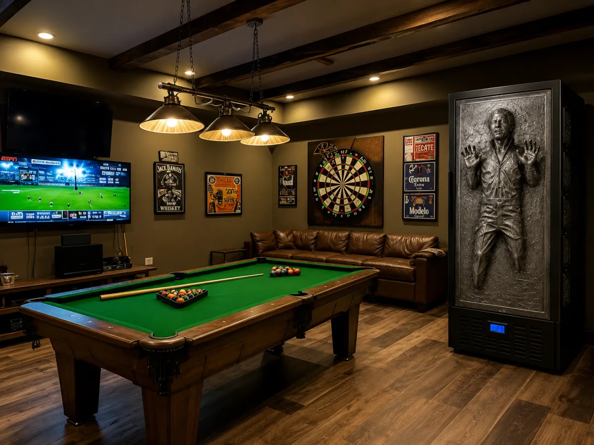 Refrigerador cervecero con relieve Criogenizado 3D dentro de un cuarto de juegos con mesa de pool, sofá de cuero, televisores y dardos en la pared
