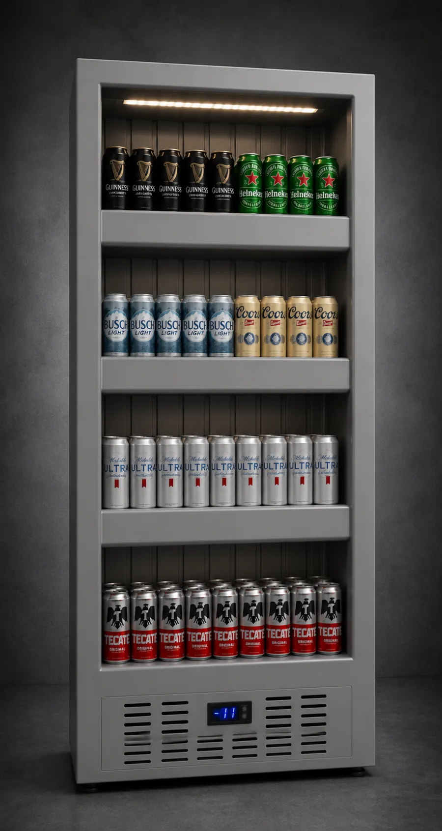Refrigerador gris con 4 niveles de latas: Guinness, Heineken, Busch Light, Coors, Michelob Ultra y Tecate, iluminación LED superior