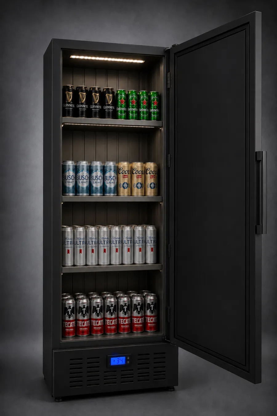 Refrigerador negro con puerta abierta hacia la derecha mostrando 4 niveles de latas iluminadas con LED